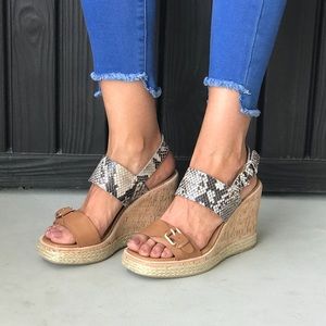 Leather Snake Skin Cork Platform Wedge Sandal